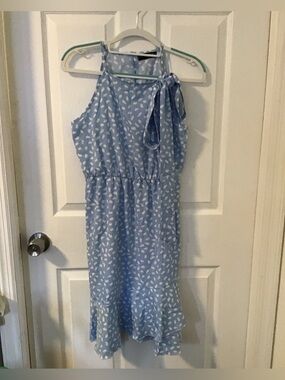NWOT! Light Blue Halter Midi Dress with White Leaf Print